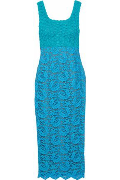 Moschino Two-tone Crochet-knit And Corded Lace Midi Dress In Turquoise