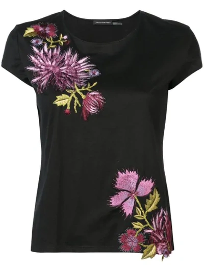 Josie Natori Crewneck Short-sleeve Floral-embroidered Supima Cotton Tee In Black Pink