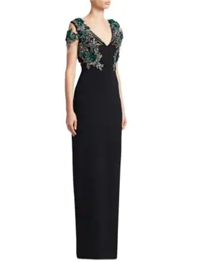 Pamella Roland Embroidery Column Gown In Black Emerald