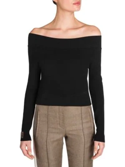 Fendi Off-the-shoulder Knit Logo Trim Sweater In Black