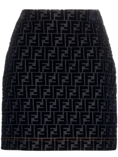 Fendi Flocked Velvet Ff Logo Denim Mini Skirt