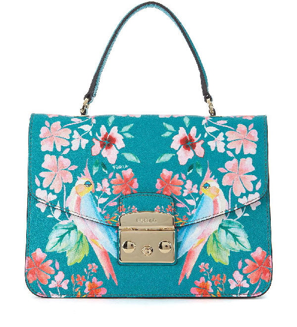 Furla Metropolis S Aqua Green Leather Handbag With Flowers And Parrots ...