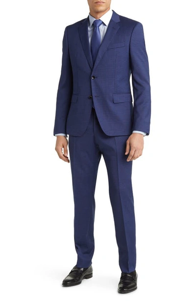 Hugo Boss Huge Blue Plaid Stretch Wool Suit In Navy