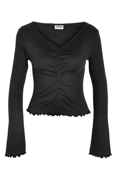 Noisy May Ruby Rib Long Sleeve V-neck Cotton Top In Black