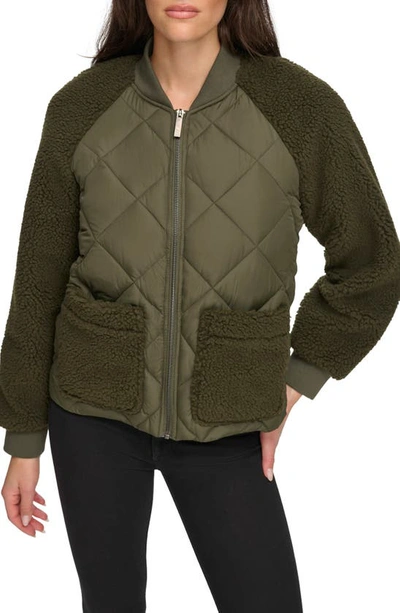 Andrew Marc Sport Mix Media Quilted Bomber Jacket In Olive
