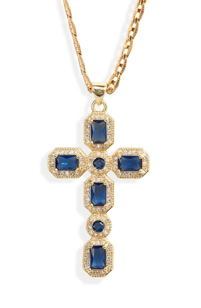 Vidakush Ornate Cubic Zirconia Cross Pendant Necklace In Sapphire