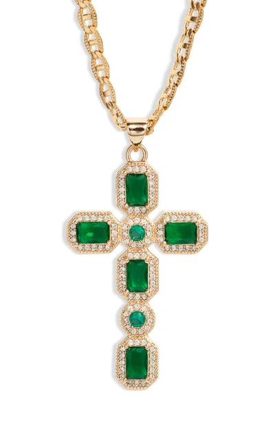 Vidakush Ornate Cubic Zirconia Cross Pendant Necklace In Green