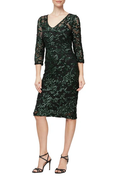 Alex Evenings Sequin Sheath Cocktail Dress In Black/ Green