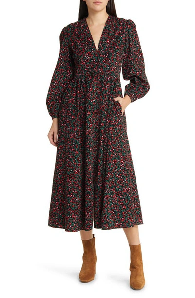 Nobody's Child Starlight Floral Long Sleeve Cotton Midi Dress In Black/ Red Multi