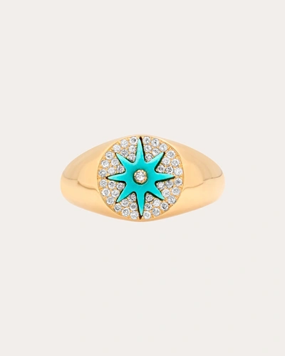 Colette Jewelry Women's Turquoise Starburst Diamond Signet Ring 18k Gold In Blue