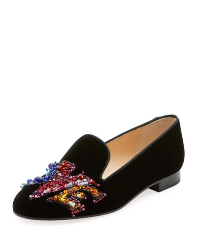 Christian Louboutin Solove Velvet Embellished Red Sole Loafers In Black