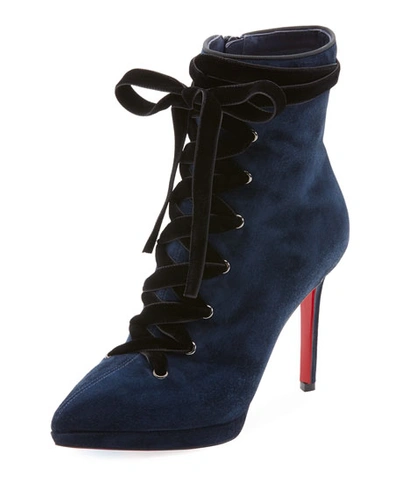 Christian Louboutin Circus Nana Lace-up Suede Red Sole Booties In Navy
