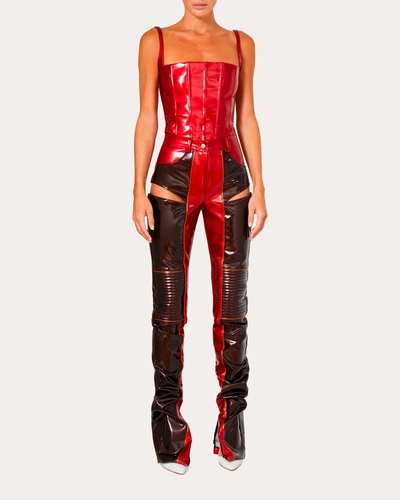 Laquan Smith Women's Cutout Patent-vinyl Biker Pants In Chocolate/crimson