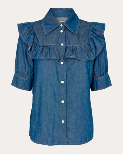Tomorrow Women's Brown Ruffle Button-up Top In Blue