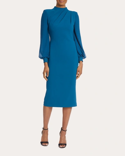 Badgley Mischka Pleated Neck Cocktail Dress In Teal In Blue