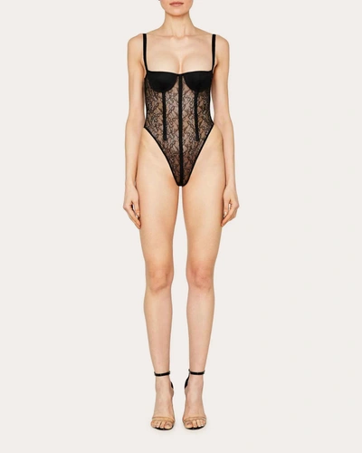 Laquan Smith Women's Sheer Lace Boned Bustier Bodysuit In Black