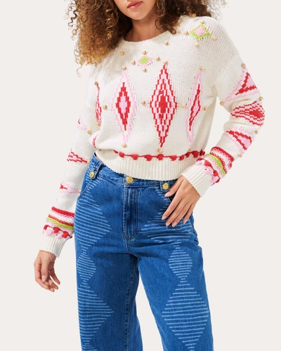Hayley Menzies Women's Beaded Jacquard Boxy Crop Sweater In With The Tribe White