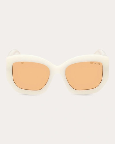 Emilio Pucci Women's White & Amber Brown Geometric Sunglasses In Ivory/gold/orange Lenses