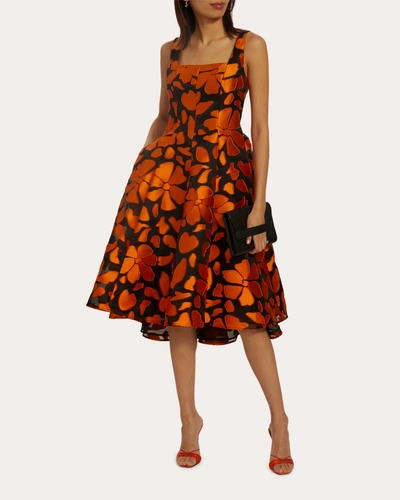 Amsale Floral Fil Floral-appliqué A-line Dress In Persimmon/black