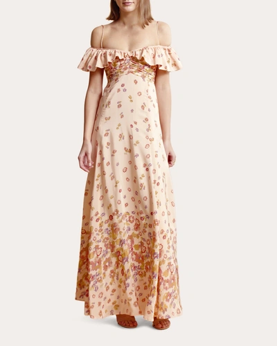 Bytimo Cold-shoulder Floral-print Satin Maxi Dress In Peach