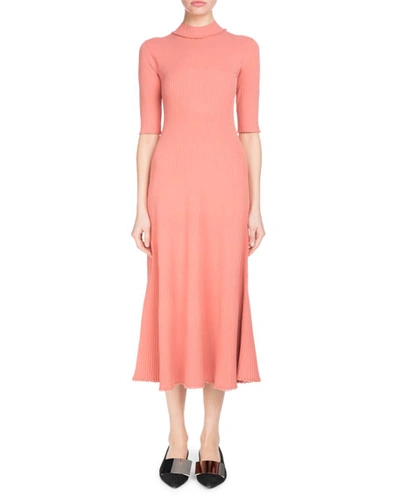 Proenza Schouler Mock-neck Elbow-sleeve Staggered-ribbed A-line Midi Dress In Brown