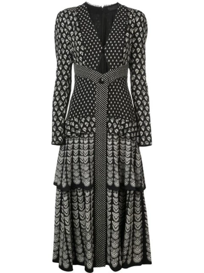 Proenza Schouler Long-sleeve V-neck Triangle-cutout Fan-print Tiered Long Dress In Black