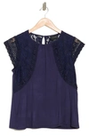 Forgotten Grace Lace Cap Sleeve Mixed Media Top In Navy