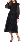 August Sky Foil Dash Long Sleeve Fit & Flare Midi Dress In Black