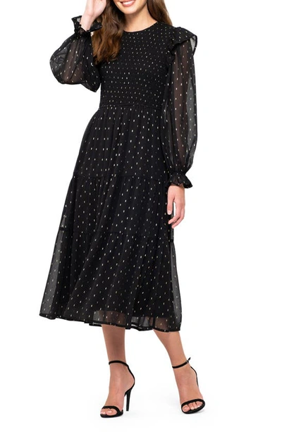 August Sky Foil Dash Long Sleeve Fit & Flare Midi Dress In Black