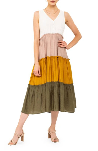 August Sky Colorblock Sleeveless Tiered Midi Dress In Olive Multi