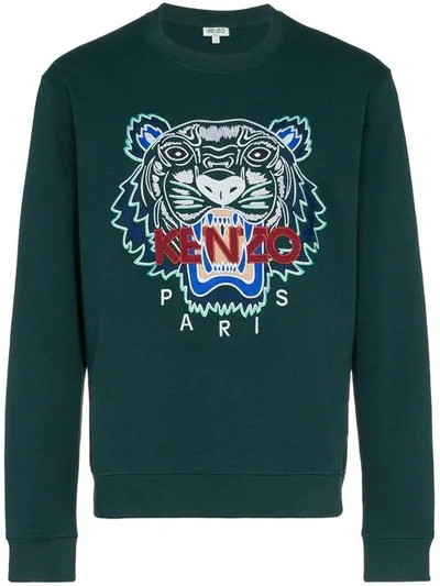 Kenzo Green Sweatshirt With Tiger Embrodery In Blue
