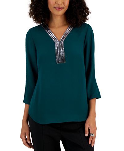 Jm Collection Petite Sequined-trimmed Y-neck 3/4-sleeve Top, Created For Macy's In Teal Evergreen
