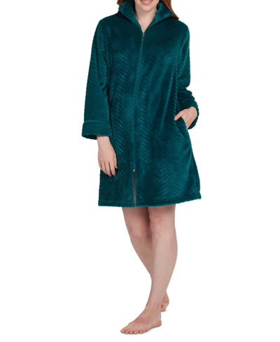 Miss Elaine Women's Solid Long-sleeve Short Zip Fleece Robe In Emerald