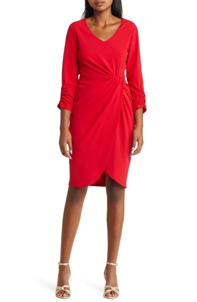 Tahari Asl Side Knot Long Sleeve Knit Dress In Rouge