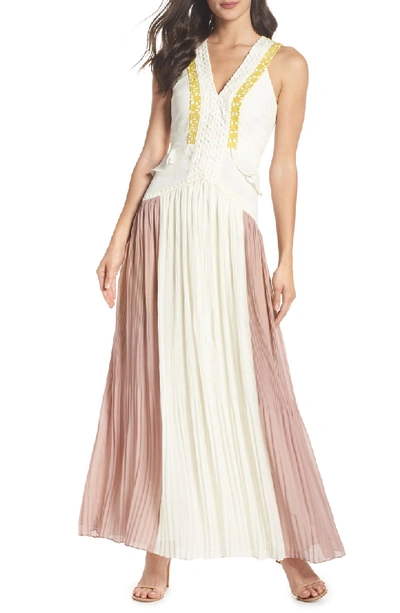 Harlyn Colorblock Pleated Gown In Off White/ Pink