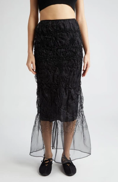 Cecilie Bahnsen Floral Embroidered Smocked Organza Skirt In Black