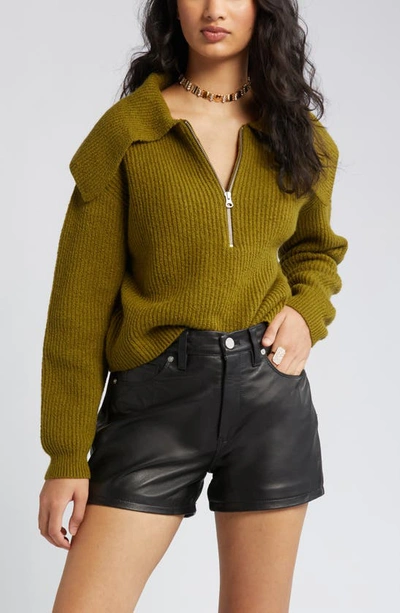 Open Edit Rib Half Zip Sweater In Olive Avocado