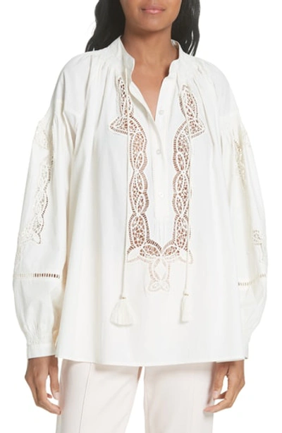Tory Burch Kimberly Lace Trim Blouse In Bianco