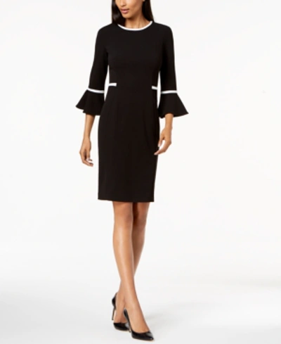 Calvin Klein Petite Piped Bell-sleeve Sheath Dress In Black/cream