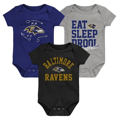 Outerstuff Babies' Newborn & Infant Purple/black/heather Gray Baltimore Ravens Three-pack Eat, Sleep & Drool Retro Body In Purple,black,heather Gray