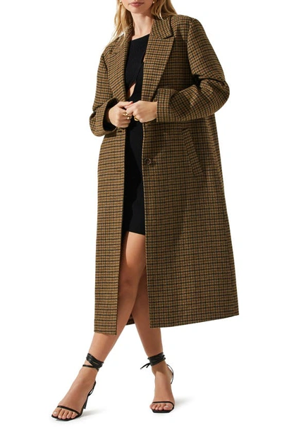 Astr Sonya Houndstooth Longline Coat In Brown Olive