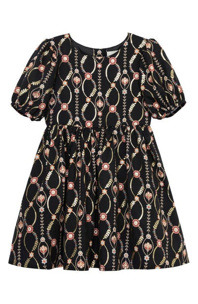 Peek Aren't You Curious Kids' Infinity Vine Floral Print Puff Sleeve Dress In Black Print