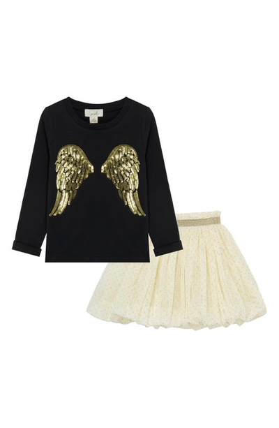 Peek Aren't You Curious Kids' Sequin Angel Wings Long Sleeve Top & Bubble Skirt Set In Black