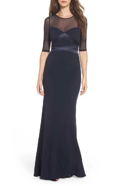 Adrianna Papell Satin Trim Crepe Trumpet Gown In Midnight
