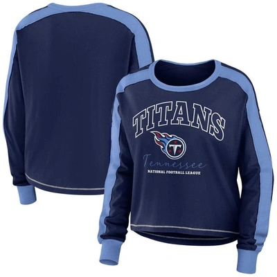 Wear By Erin Andrews Navy/light Blue Tennessee Titans Color Block Modest Crop Long Sleeve T-shirt