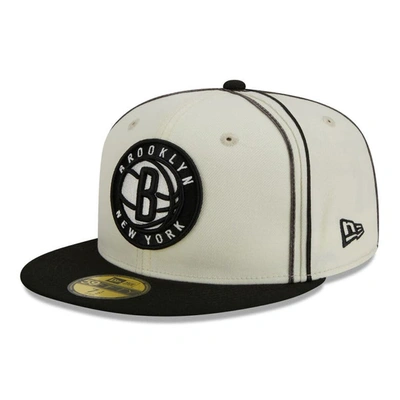 New Era Men's  Cream, Black Brooklyn Nets Piping 2-tone 59fifty Fitted Hat In Cream,black