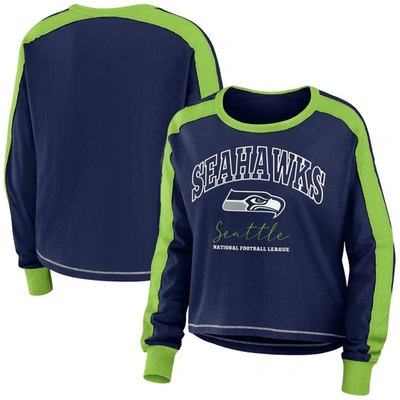 Wear By Erin Andrews Navy/neon Green Seattle Seahawks Color Block Modest Crop Long Sleeve T-shirt