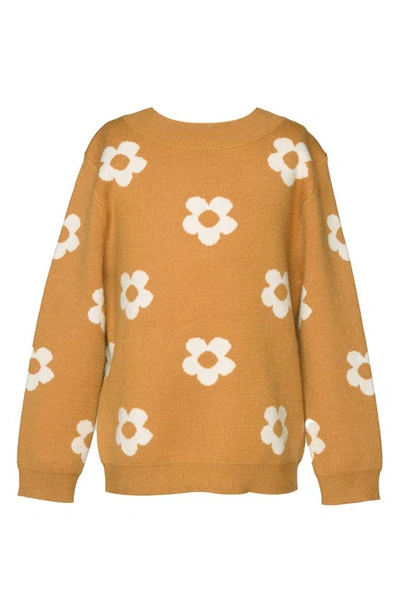 Truly Me Kids' Intarsia Flower Crewneck Sweater In Bronze