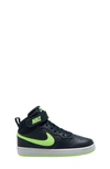 Nike Kids' Court Borough Mid 2 Basketball Shoe In Dark Obsidian/ Lime/ White