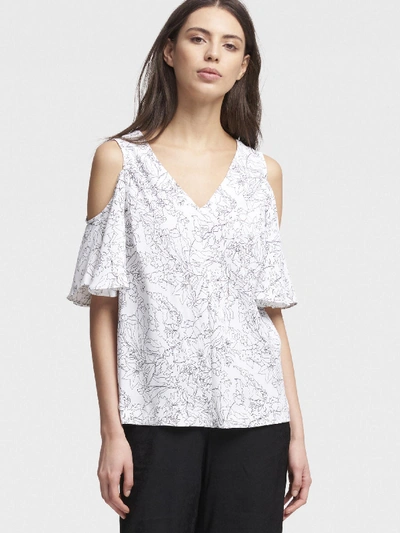 Donna Karan Floral Ruffle-sleeve Cold-shoulder Top In White